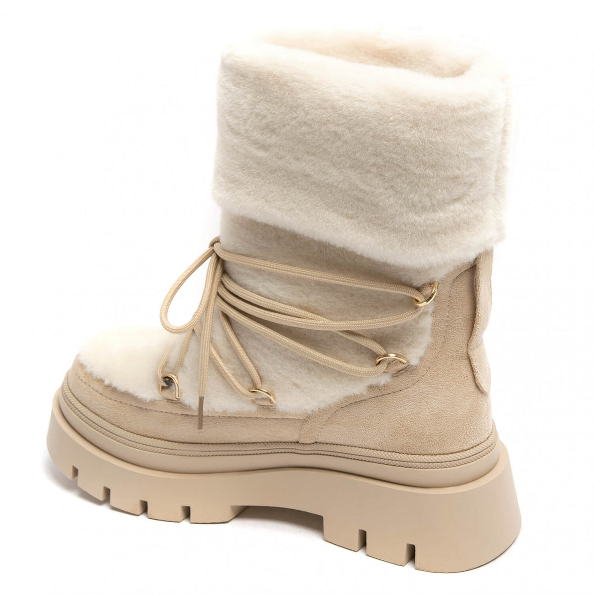 BOOTS SIMILI DAIM BEIGE FAUSSE FOURRURE INTÉGRALE LACETS SEMELLE PLATEFORME – MISS ALMA