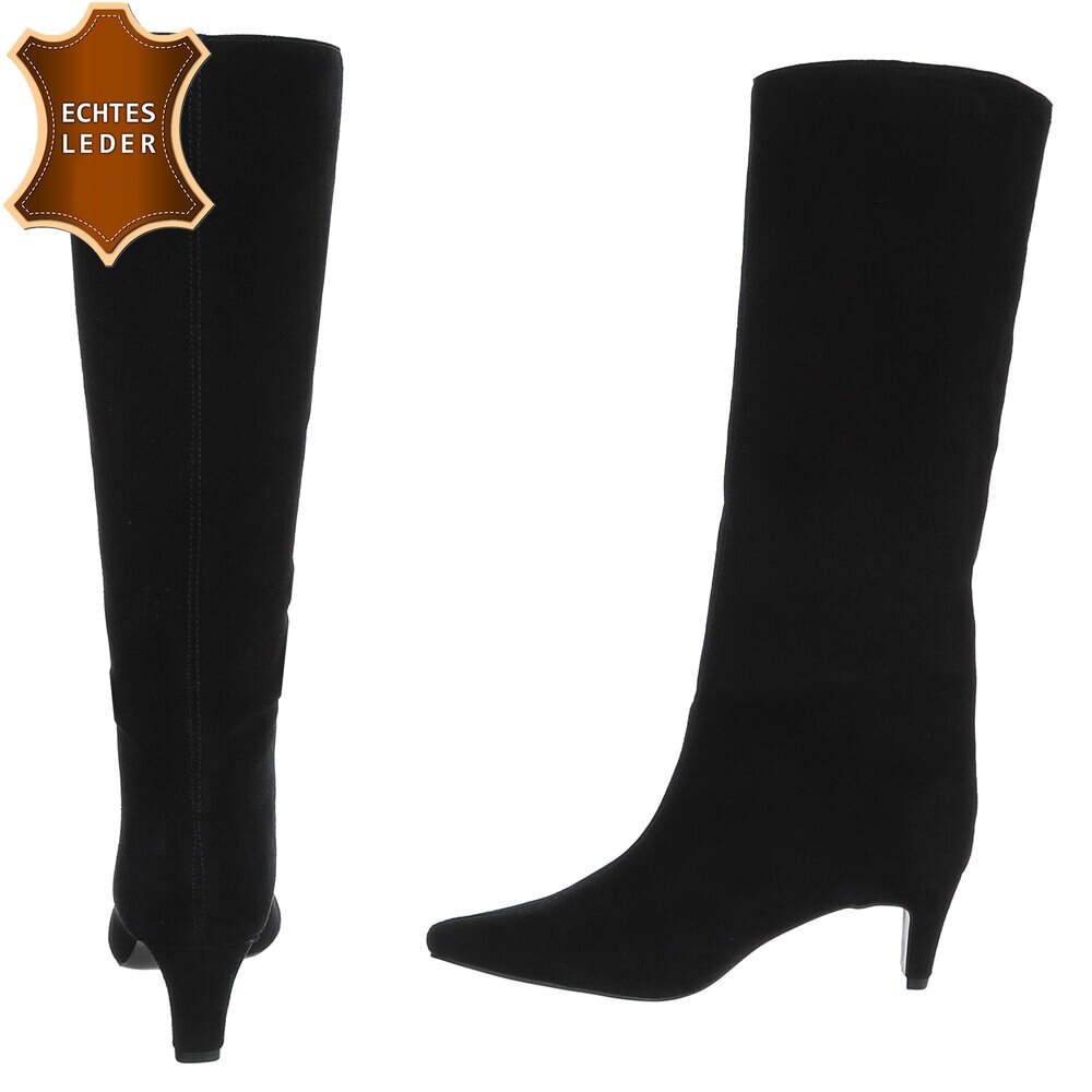 BOTTES HAUTES NOIRES EN CUIR VÉRITABLE VELOURS – BOUT POINTU & PETIT TALON MISS CASSANDRE
