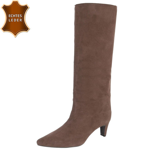 BOTTES HAUTES MARRON EN CUIR VÉRITABLE VELOURS – BOUT POINTU & PETIT TALON MISS CASSANDRE