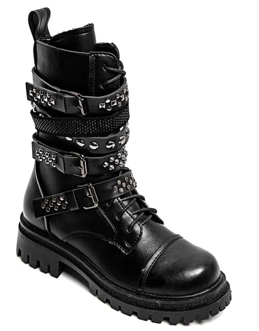 BOTTINES RANGERS CLOUTÉES À BOUCLES – NOIR
