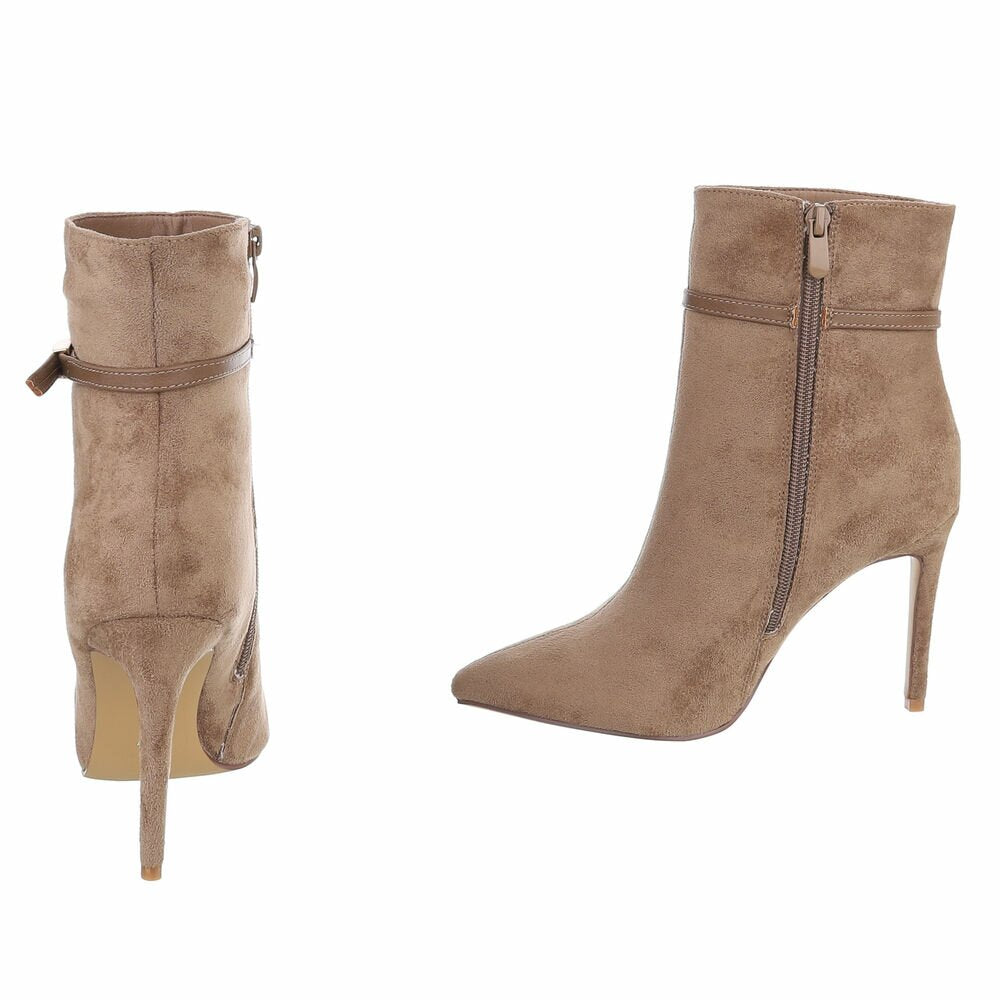 BOTTINES FEMME TAUPE À TALON AIGUILLE ET BOUT POINTU – ASPECT DAIM AVEC FINE BRIDE À BOUCLE DORÉE