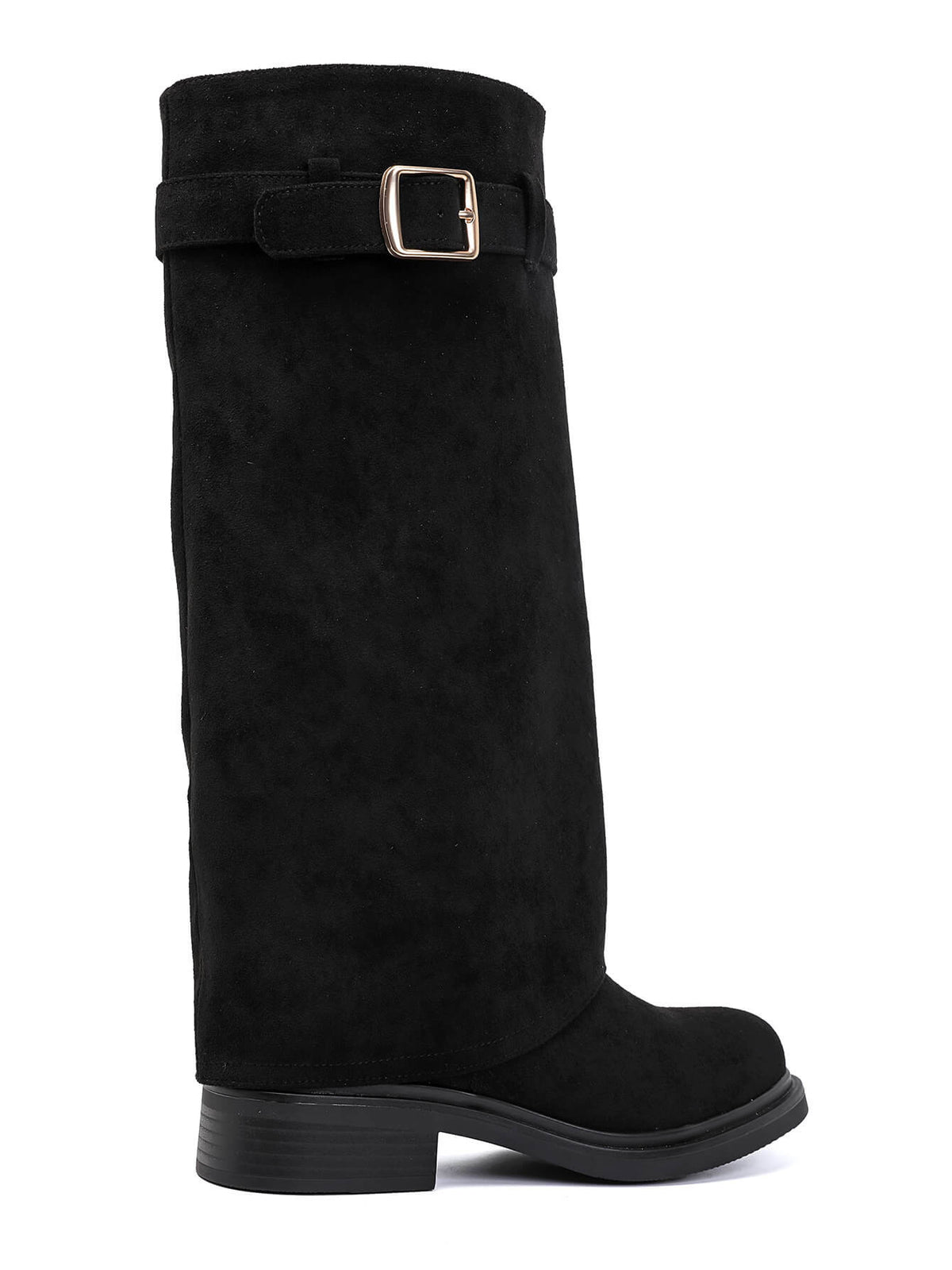 BOTTES SUÉDINE NOIRE TIGE REPLIÉE BOUCLE DORÉE TALON BLOC MISS ADDY