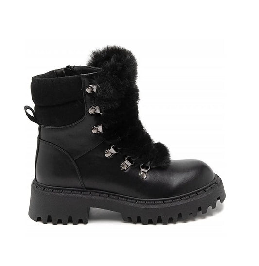 BOOTS SIMILICUIR NOIR FAUSSE FOURRURE LACETS SEMELLE CRANTÉE – MISS MEGANE