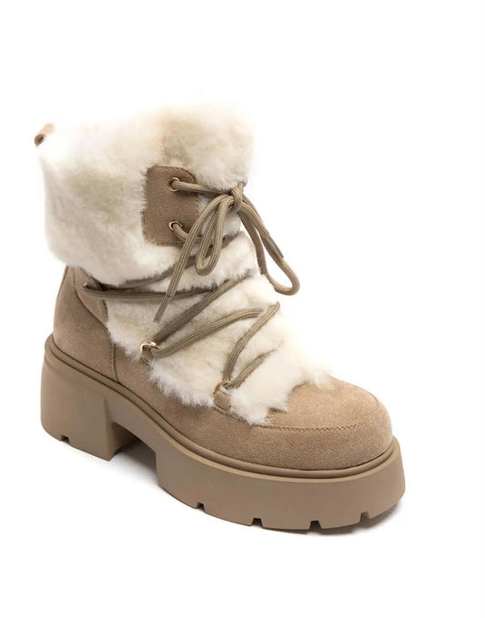 BOOTS SIMILI DAIM BEIGE FAUSSE FOURRURE BLANCHE LACETS SEMELLE PLATEFORME – MISSKCY (Copie)