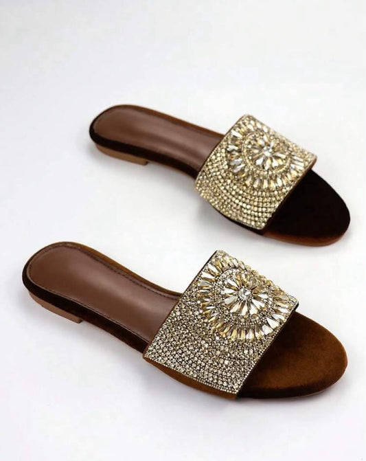 Sandales Plates Bijoux – Velours Marron et Or