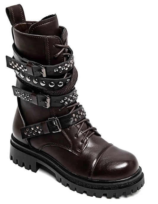 BOTTINES RANGERS CLOUTÉES À BOUCLES – MARRON