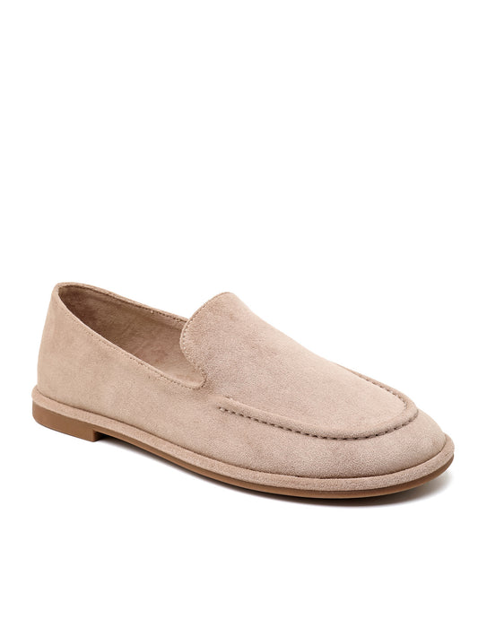 MOCASSINS SOUPLES EFFET DAIM – LOAFERS FEMME À ENFILER SEMELLE PLATE BEIGE TAUPE DEBBIE
