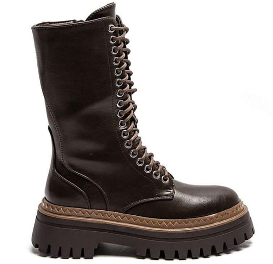BOOTS SIMILICUIR MARRON LACETS BORDURE BICOLORE SEMELLE PLATEFORME MISS NATH