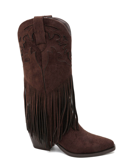 BOTTES WESTERN À FRANGES EFFET DAIM CHOCOLAT – SANTIAGS BRODÉES TALON BLOC