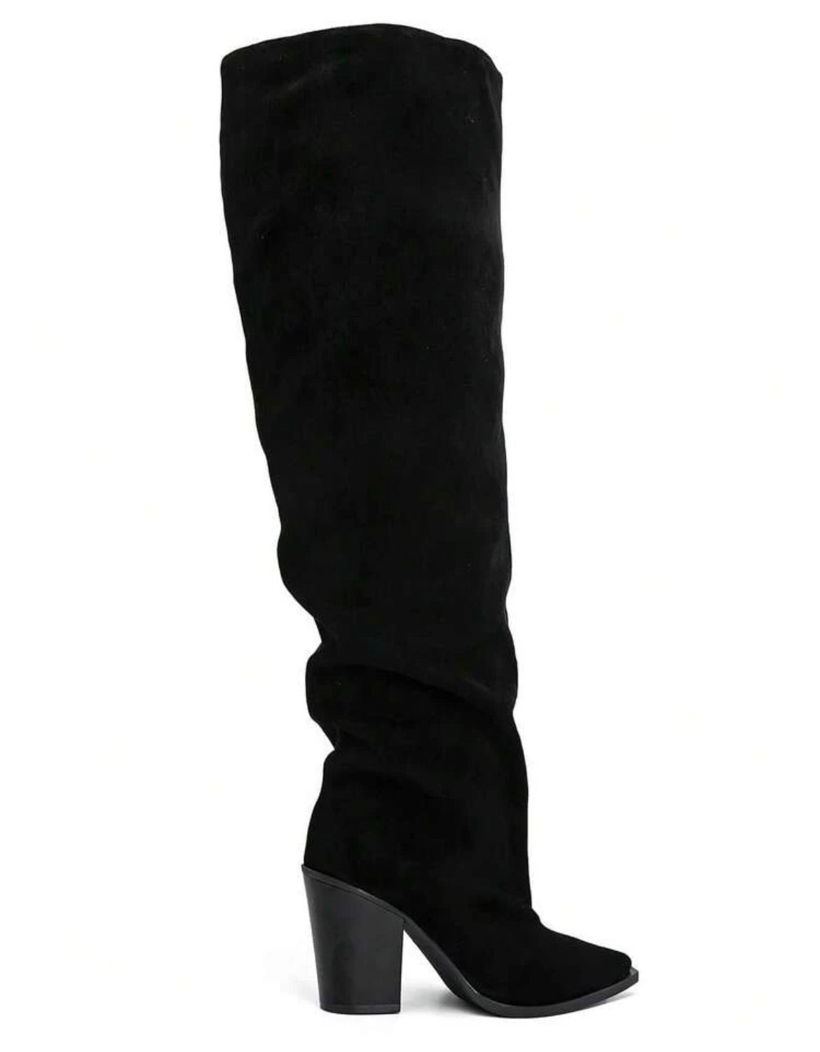 CUISSARDES SUÉDINE EFFET FROISSÉ BOUT POINTU TALON BLOC – MISS WILLOW NOIR