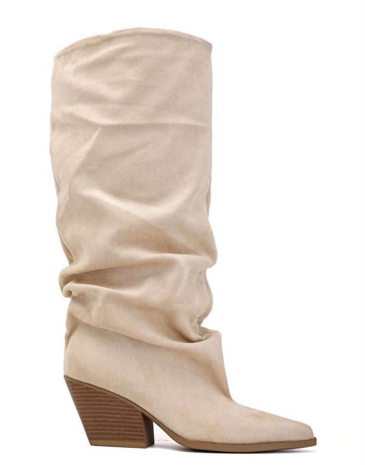 BOTTES HAUTES EFFET FROISSÉ BOUT POINTU TALON BISEAUTÉ – MISS GRACE BEIGE