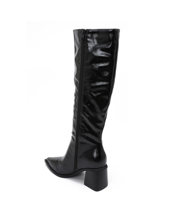 BOTTES HAUTES NOIRES EFFET VERNI FROISSÉ – BOUT POINTU & TALON CARRÉ MISS JONAH