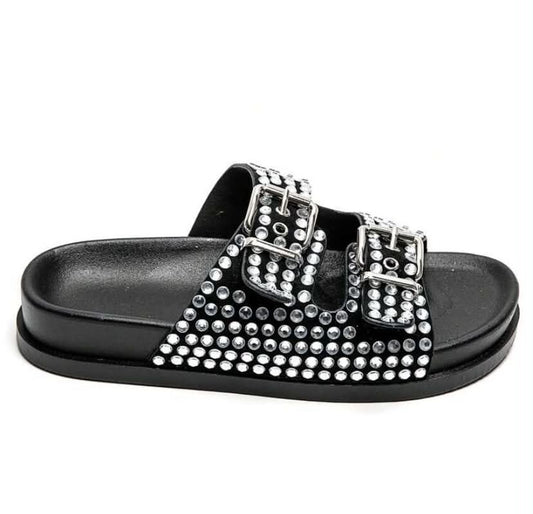 Mules à Strass et Boucles Ajustables – Élégance & Confort Noir