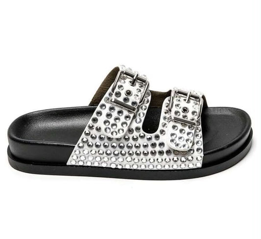 Mules à Strass et Boucles Ajustables – Élégance & Confort Blanc