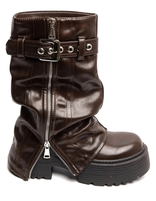 BOTTES PLATEFORME FEMME À REVERS ZIPPÉ & BOUCLE – MARRONMISS FOLY