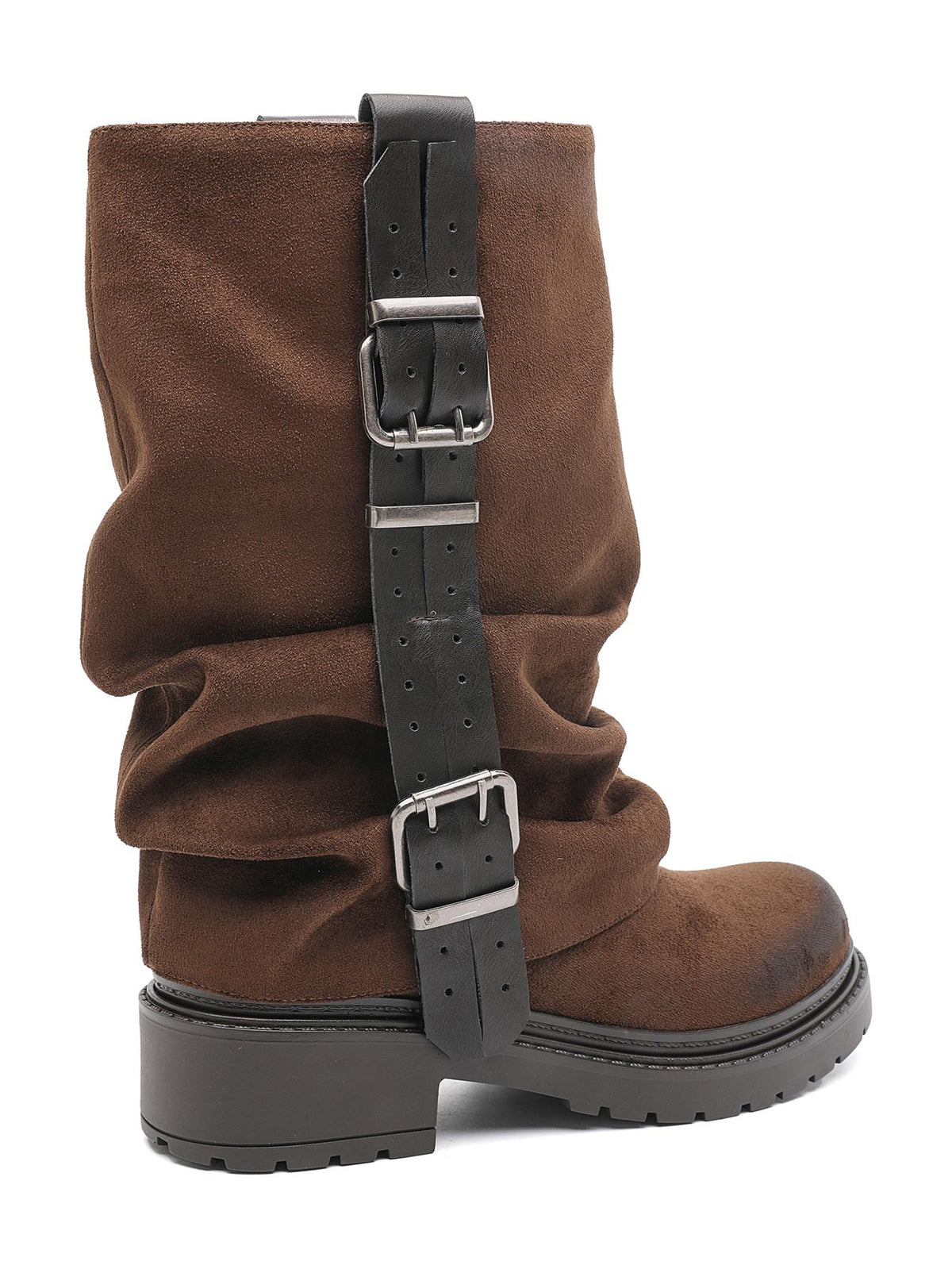 BOTTES MOTARDES EFFET DAIM PLISSÉES À BOUCLES – BOTTES FEMME SEMELLE CRANTÉE CAMEL