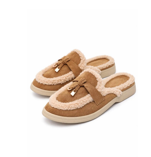 MULES FOURRÉES CAMEL – BORDURE BOUCLETTE & CADENAS DORÉ MISS MULA