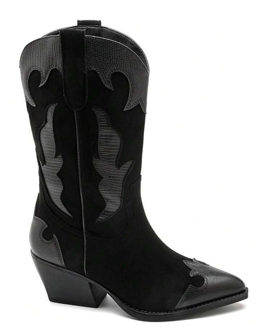 BOTTES WESTERN FEMME EFFET DAIM & REPTILE TON SUR TON – NOIR MISS STERNA