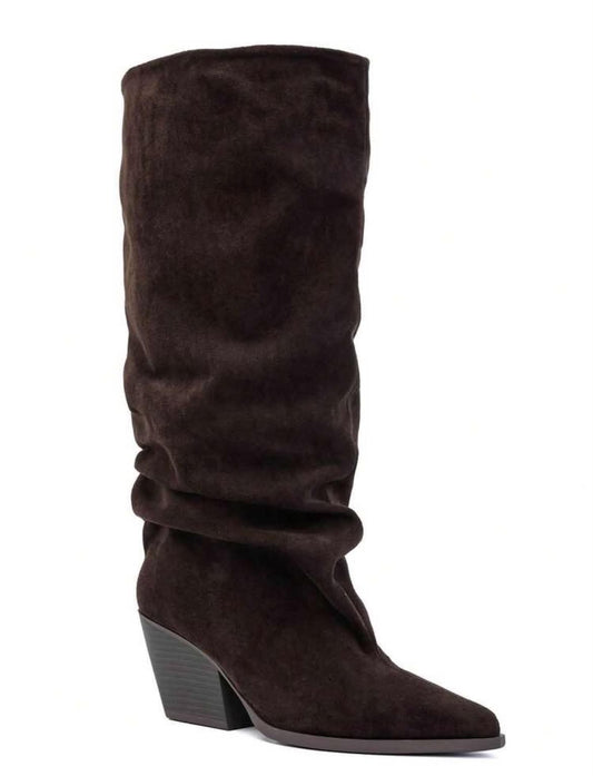 BOTTES HAUTES EFFET FROISSÉ BOUT POINTU TALON BISEAUTÉ – MISS GRACE CHOCO SUEDINE