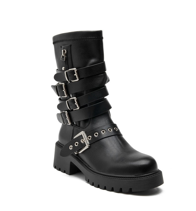 BOTTES MI-MOLLET NOIRES ASPECT CUIR – MULTI-BOUCLES ARGENTÉES & SEMELLE CRANTÉE MISS ROKA