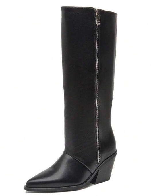 BOTTES HAUTES NOIRES BOUT POINTU TALON BISEAUTÉ ZIP DÉCORATIF – MISS SUZY