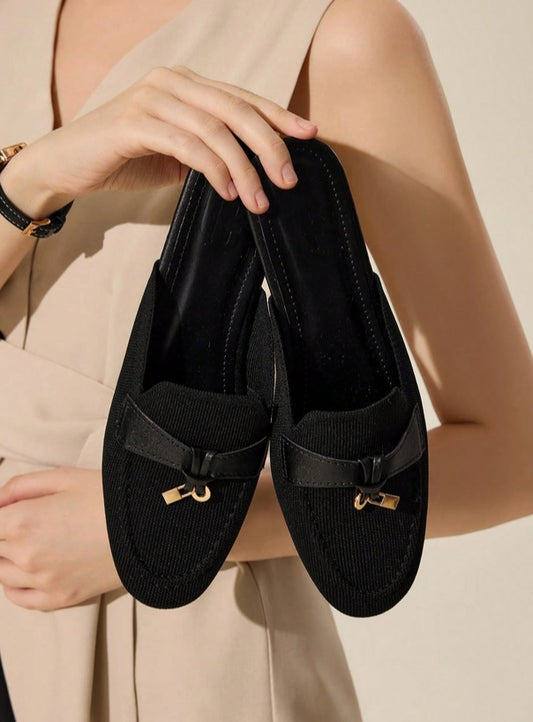 Mules Loafers noir toile à Détails Bijoux