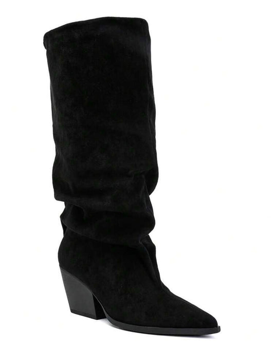BOTTES HAUTES NOIRES EFFET FROISSÉ BOUT POINTU TALON BISEAUTÉ – MISS GRACE NOIR SUEDINE