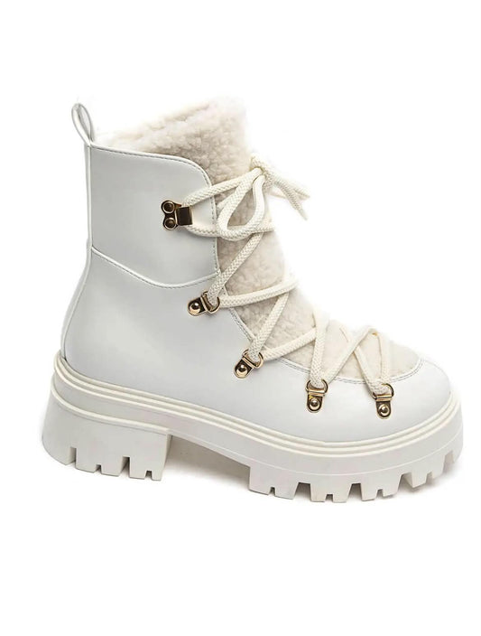 BOOTS SIMILICUIR BLANC FOURRURE SHERPA LACETS SEMELLE PLATEFORME – MISSKCY