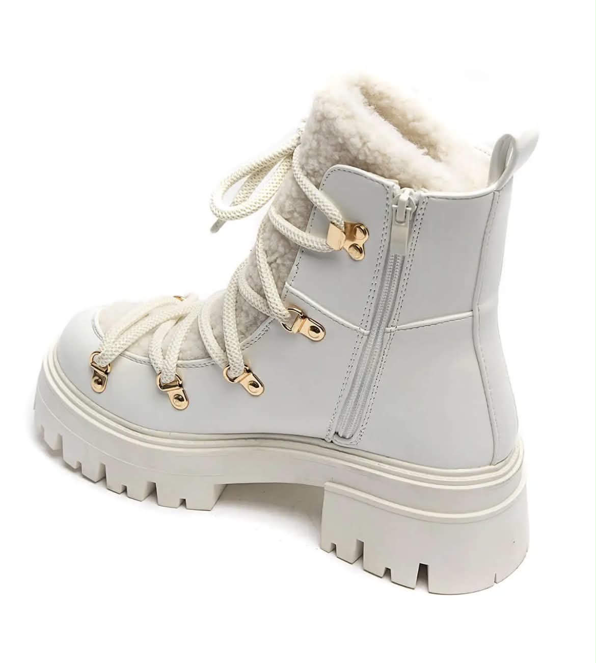 BOOTS SIMILICUIR BLANC FOURRURE SHERPA LACETS SEMELLE PLATEFORME – MISSKCY