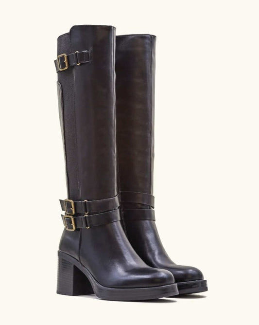 BOTTES HAUTES À TALON CARRÉ CONFORT DOUBLE BOUCLE OR MISS NAOMI NOIR