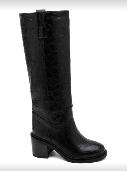 BOTTES HAUTES – TALON CARRÉ CONFORTABLE EN FAÇON CROCO MISS SERENA NOIR
