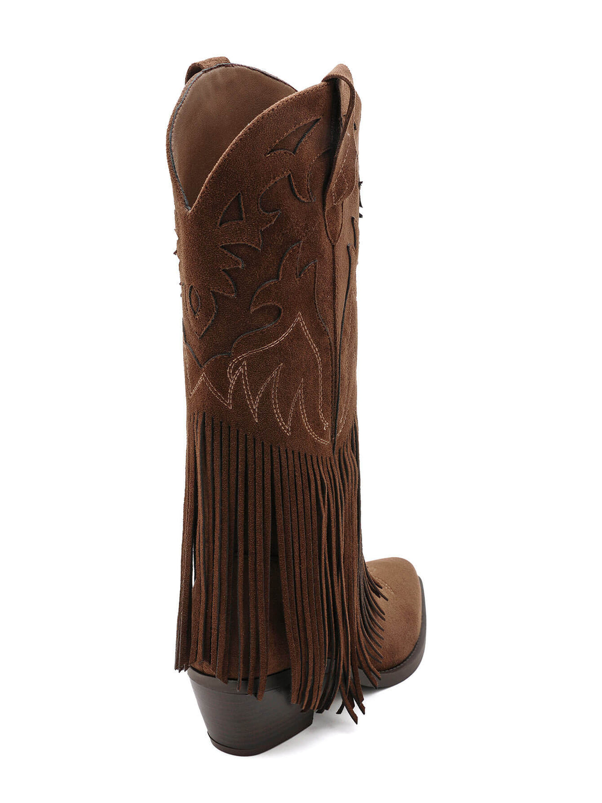 BOTTES WESTERN À FRANGES EFFET DAIM CAMEL– SANTIAGS BRODÉES TALON BLOC | MISS MOLLY