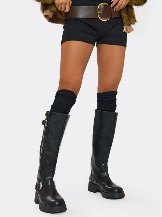 CHAUSSURES FEMME BOTTES HAUTES BEIGE ZIP BUCKLE BOOTS AMARI NOIR