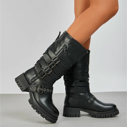 CHAUSSURES FEMME BOTTES HAUTES BIKER BOUCLES ET SANGLES NOIR MISS ANDREA