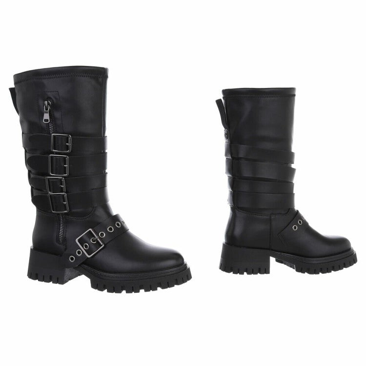CHAUSSURES FEMME BOTTES HAUTES BIKER BOUCLES ET SANGLES NOIR MISS ANDREA