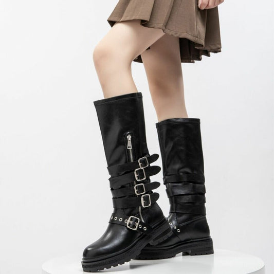 CHAUSSURES FEMME BOTTES HAUTES BIKER BOUCLES ET SANGLES NOIR MISS MARGA