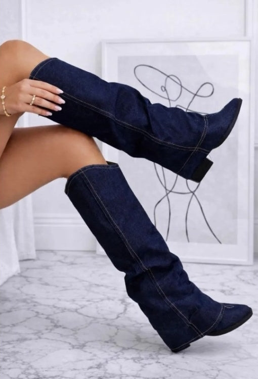 CHAUSSURES FEMME BOTTES HAUTES TALON LARGE BOUT POINTUE MISS AMANDA DARK DENIM