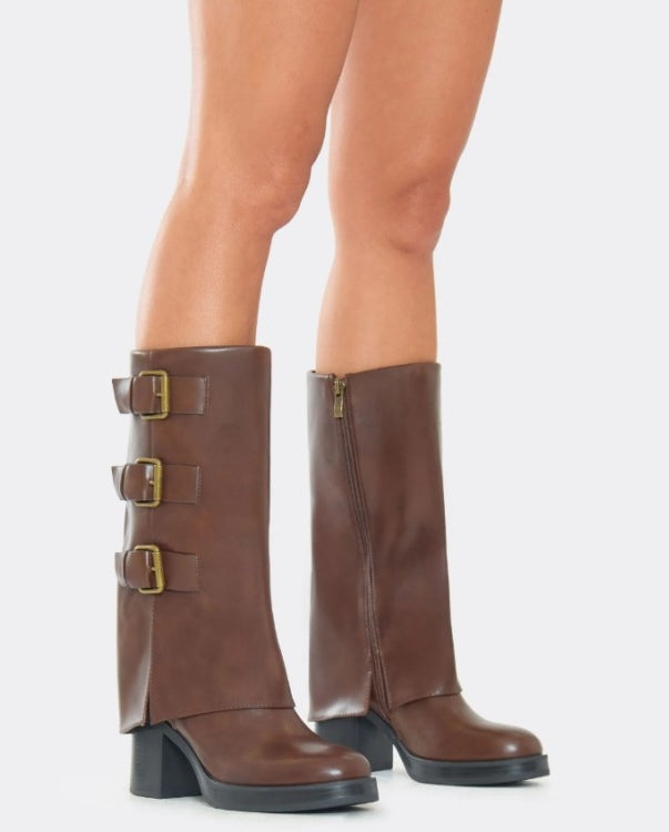 CHAUSSURES FEMME BOTTES MI HAUTES MULTI BOUCLES TALON CARRE MISS RONDA MARRON