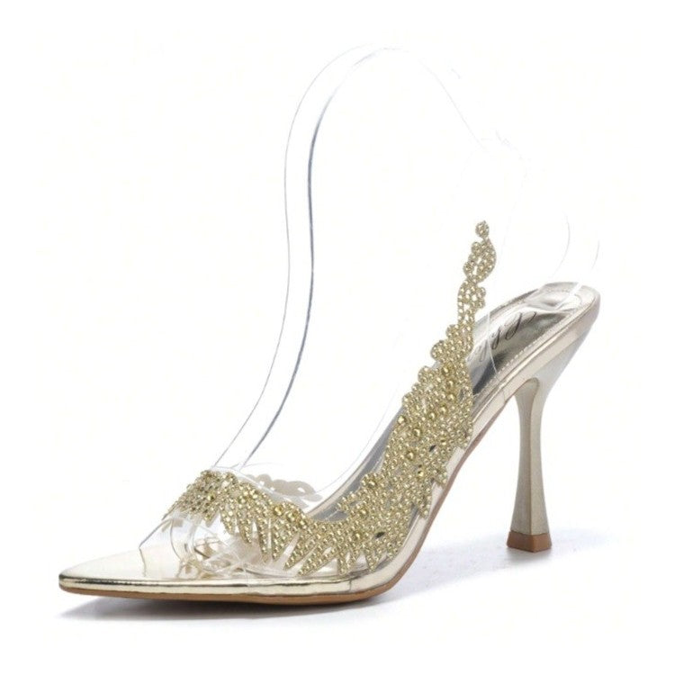 CHAUSSURES FEMME ESCARPINS TRANSPARANTS SLINGBACK STRASS OR SOIREE MARIAGE MISS MACY