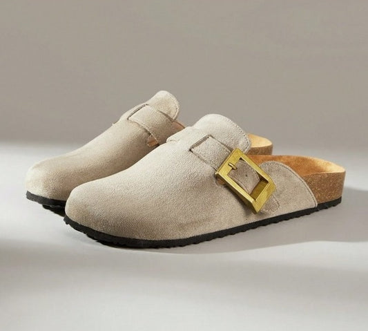 Chaussures femme sabot boucle miss clogs beige et or