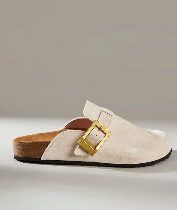 Chaussures femme sabot boucle miss clogs blanc cassé et or