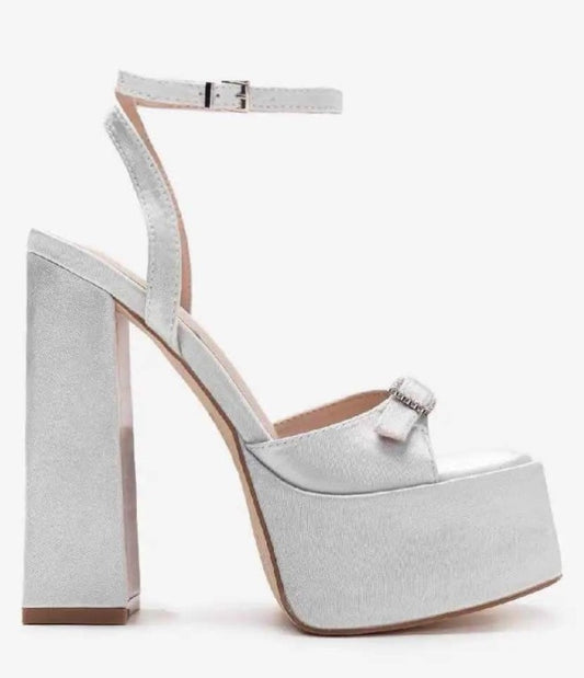 CHAUSSURES FEMME SANDALES SATIN TALONS HAUTS PLATFORM SOIREE MARIAGE MISS PLATINIUM ARGENT