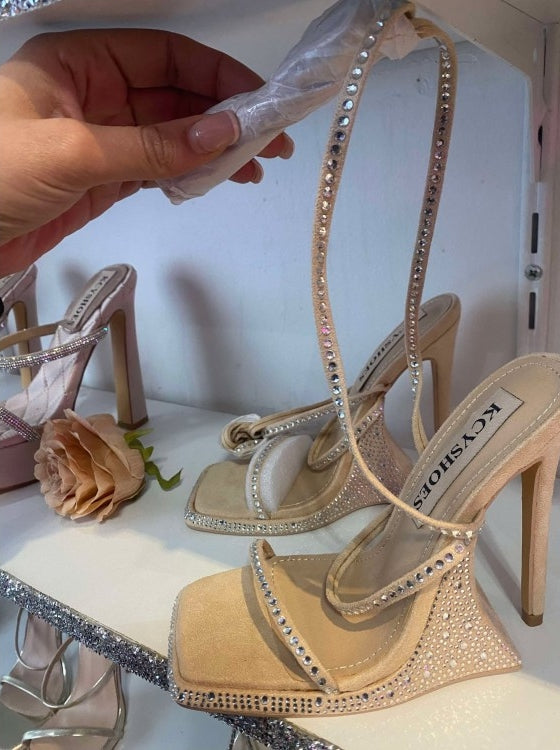 CHAUSSURES FEMME TALON COMPENSSEE BEIGE STRASS PLATFORM LACETS BEIGE NUDE STRASS SOIREE MARIAGE