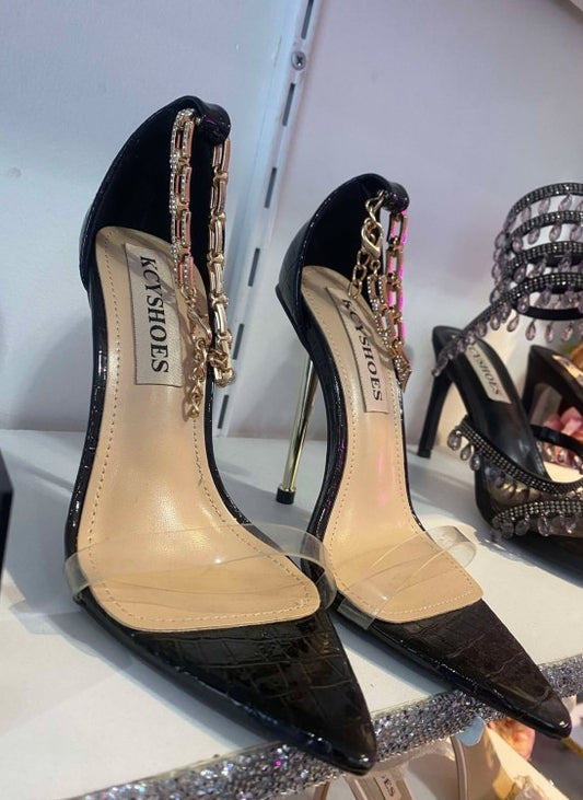 CHAUSSURES FEMME TALON SANDALES PLEXIS CHAINES NOIR PROMO