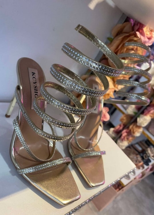 CHAUSSURES FEMME TALON SANDALES SERPENTI STRASS GOLD OR PROMO