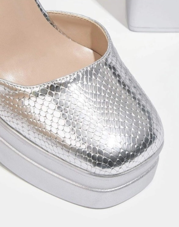 CHAUSSURES FEMME TALONS HAUTS PLATFORM CROCO SOIREE MARIAGE MISS PIXIE ARGENT