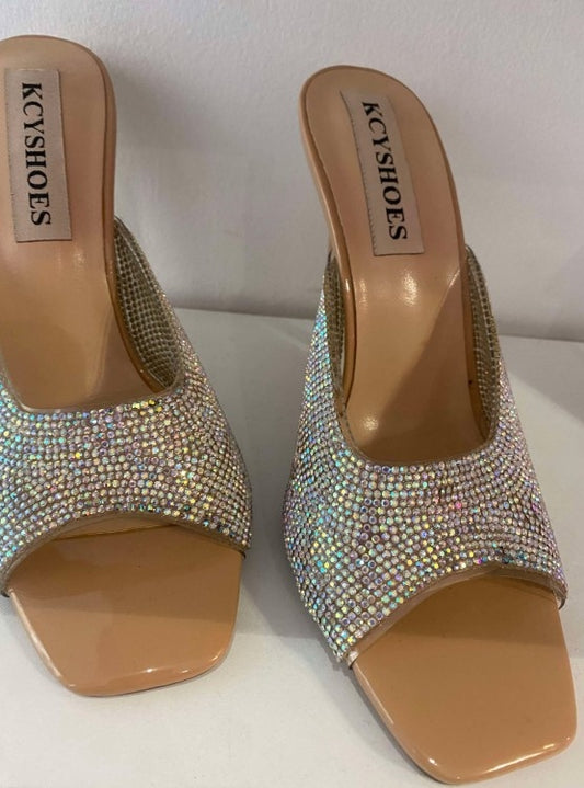 CHAUSSURES FEMMES MULES STRASS NUDE BEIGE PLEXIS STRASS SOIREE MARIAGE PROMO