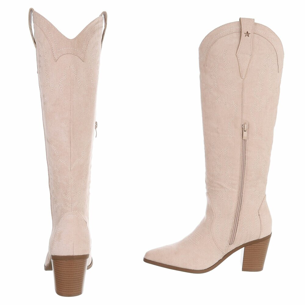 BOTTES WESTERN HAUTES NUDE ASPECT DAIM – SURPIQÛRES BRODÉES & TALON BOIS