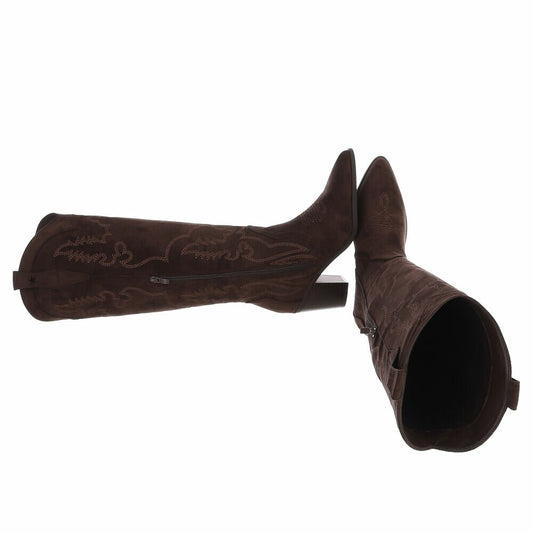 BOTTES WESTERN HAUTES MARRON ASPECT DAIM – SURPIQÛRES BRODÉES & TALON BOIS MISS ASHER