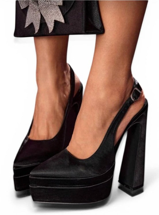 Escarpins Plateforme en Satin Noir - Talon Bloc Haut et Bride Arrière MISS ADALINE SATIN NOIR